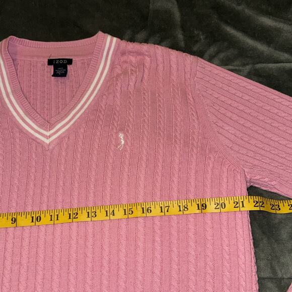 Izod Sweater Women's Large Pink Cable Knitted Long Sleeve V-Neck Preppy Pullover - Picture 9 of 11